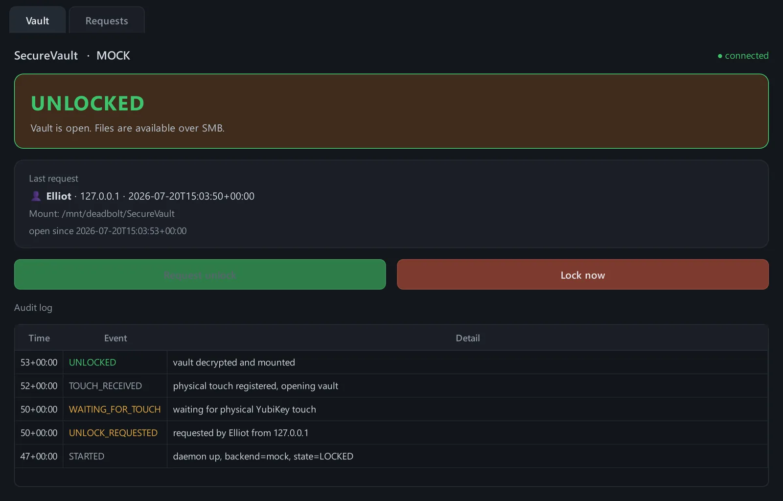 Deadbolt console in the UNLOCKED state with the audit trail of the unlock