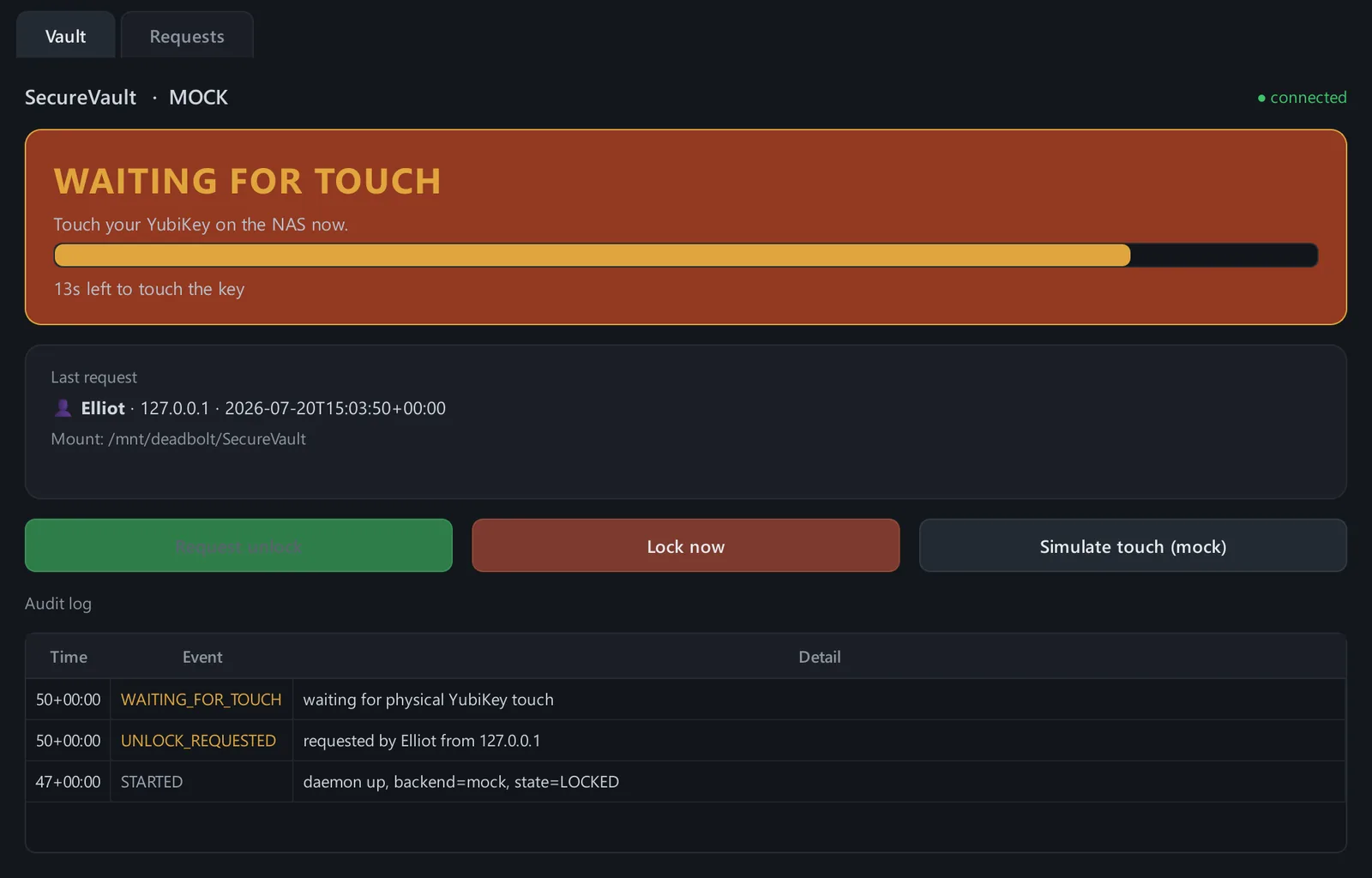 Deadbolt console showing the amber WAITING FOR TOUCH state with a live countdown bar and audit log