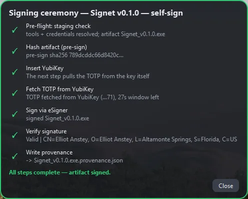 Signet's signing ceremony completing — every step checked green, ending in a valid Authenticode signature